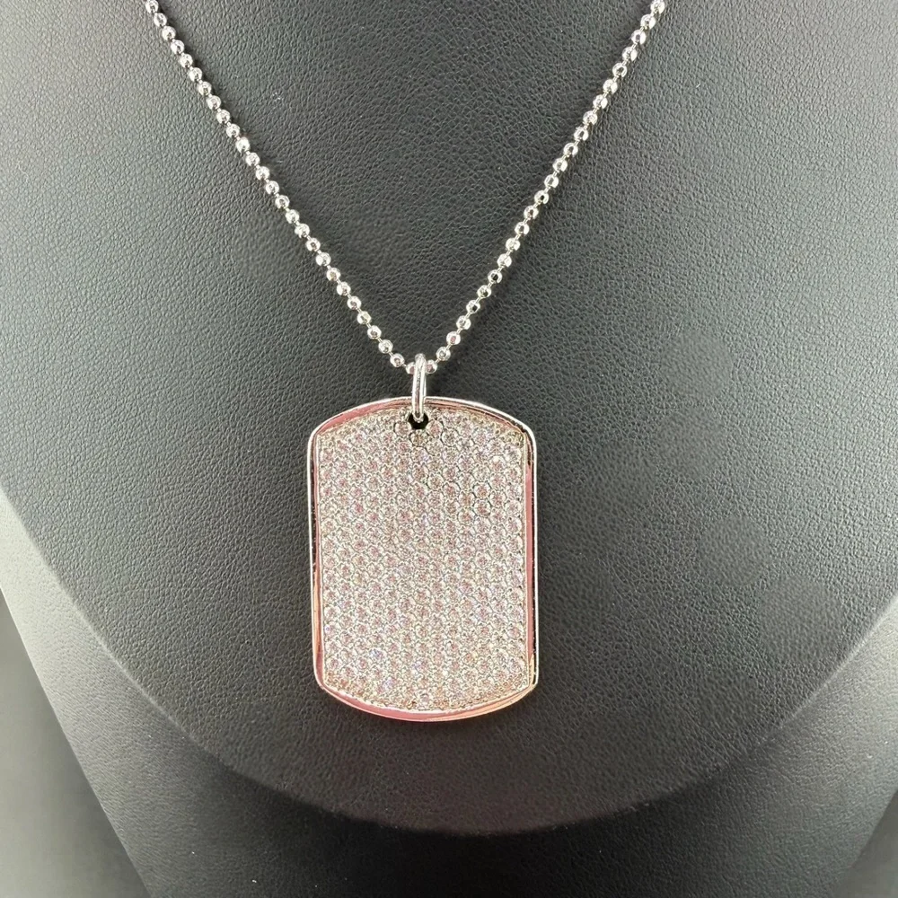 925 Sterling Silver CZ Dog Tag Necklace Made in Turkey Ball Chain Unisex Pendant